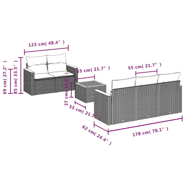 Salon de jardin 6 pcs avec coussins noir résine tressée