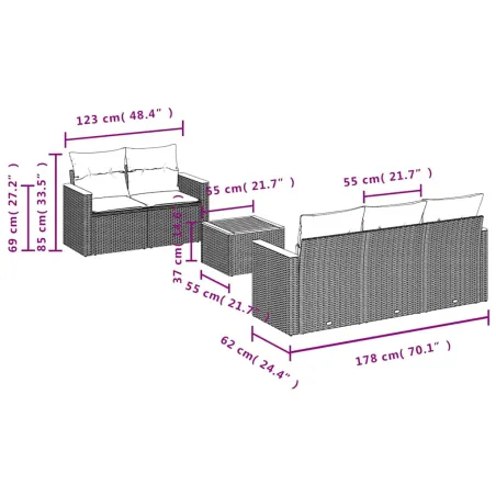 Salon de jardin 6 pcs avec coussins noir résine tressée