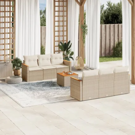 Salon de jardin avec coussins 7 pcs beige résine tressée