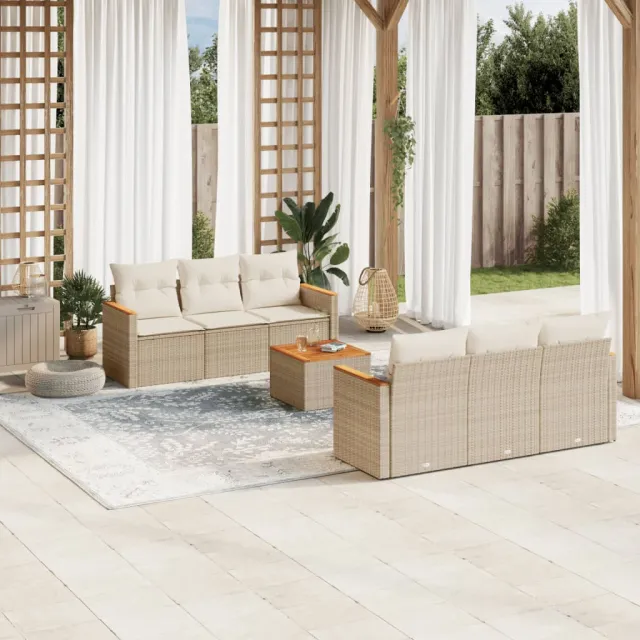 Salon de jardin avec coussins 7 pcs beige résine tressée