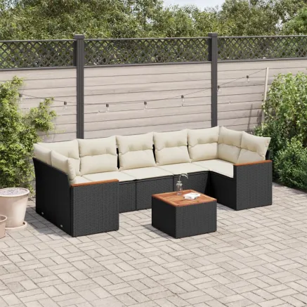 Salon de jardin 8 pcs avec coussins noir résine tressée