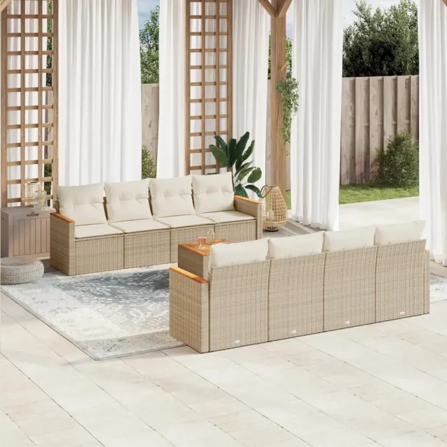Salon de jardin avec coussins 9 pcs beige résine tressée