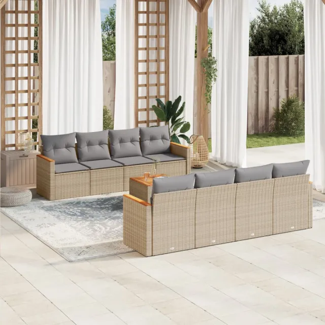 Salon de jardin avec coussins 9 pcs beige résine tressée