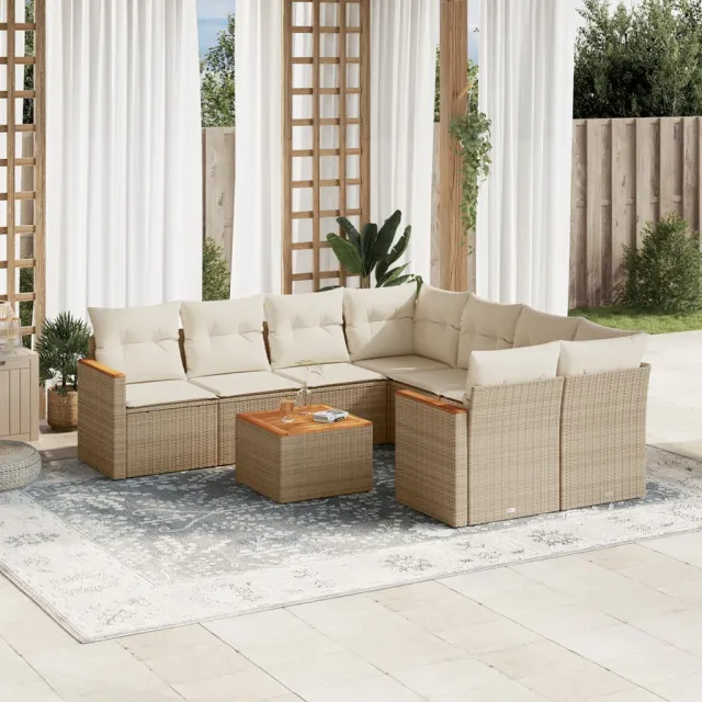Salon de jardin avec coussins 9 pcs beige résine tressée