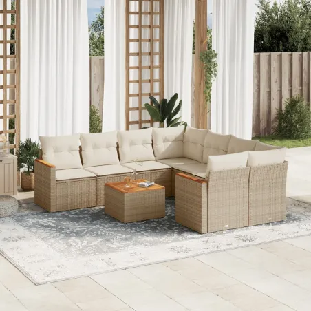 Salon de jardin avec coussins 9 pcs beige résine tressée