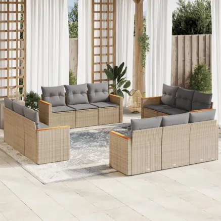 Salon de jardin avec coussins 12 pcs beige résine tressée