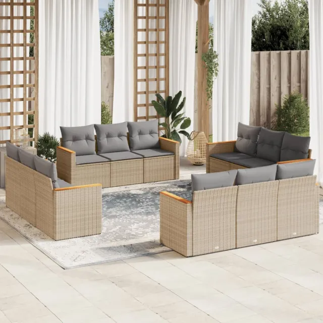 Salon de jardin avec coussins 12 pcs beige résine tressée