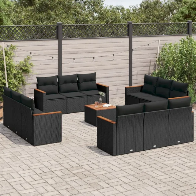 Salon de jardin avec coussins 13 pcs noir résine tressée
