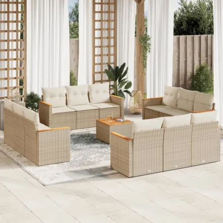 Salon de jardin avec coussins 13 pcs beige résine tressée