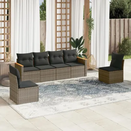 Salon de jardin 6 pcs avec coussins gris résine tressée
