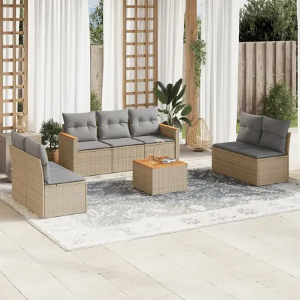 Salon de jardin avec coussins 8 pcs beige résine tressée