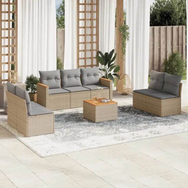 Salon de jardin avec coussins 8 pcs beige résine tressée