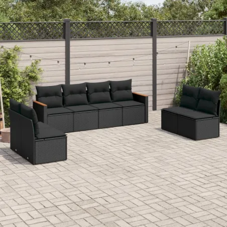 Salon de jardin 8 pcs avec coussins noir résine tressée