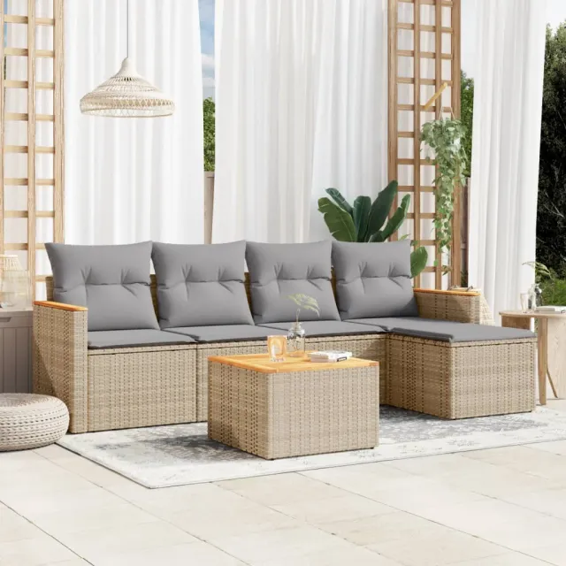 Salon de jardin avec coussins 6 pcs beige résine tressée
