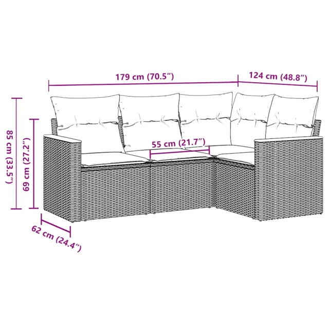 Salon de jardin 4 pcs avec coussins noir résine tressée