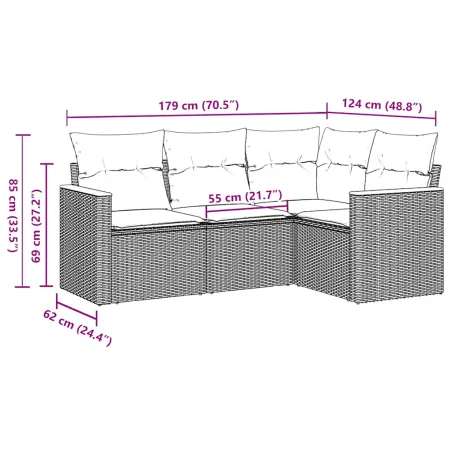 Salon de jardin 4 pcs avec coussins noir résine tressée