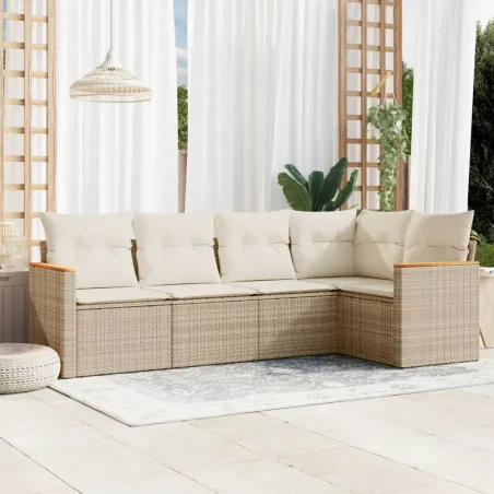 Salon de jardin avec coussins 5 pcs beige résine tressée