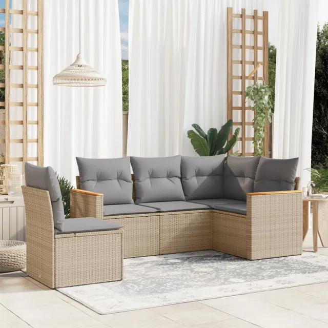 Salon de jardin avec coussins 5 pcs beige résine tressée