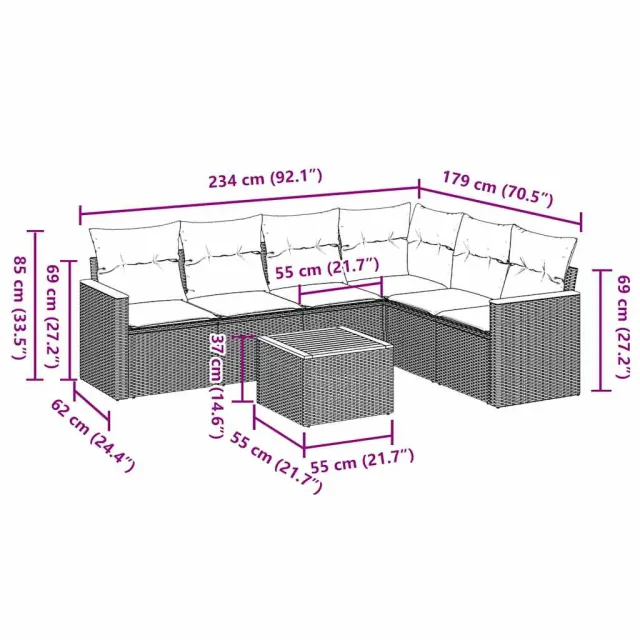 Salon de jardin 7 pcs avec coussins noir résine tressée