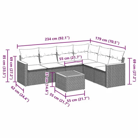 Salon de jardin 7 pcs avec coussins noir résine tressée