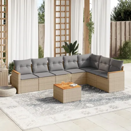 Salon de jardin avec coussins 8 pcs beige résine tressée