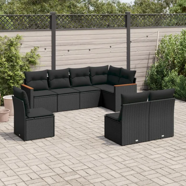 Salon de jardin 8 pcs avec coussins noir résine tressée