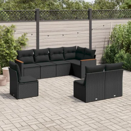 Salon de jardin 8 pcs avec coussins noir résine tressée