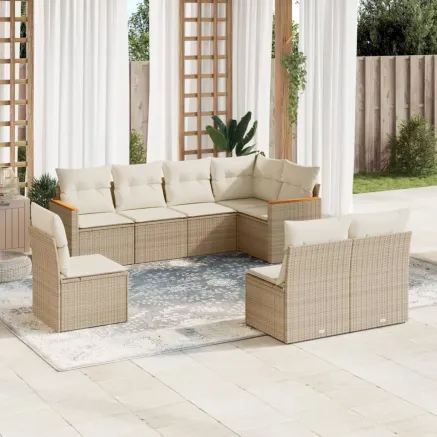 Salon de jardin avec coussins 8 pcs beige résine tressée