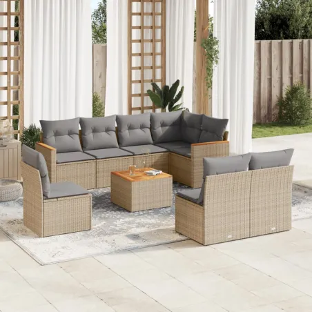 Salon de jardin avec coussins 9 pcs beige résine tressée
