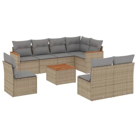 Salon de jardin avec coussins 9 pcs beige résine tressée