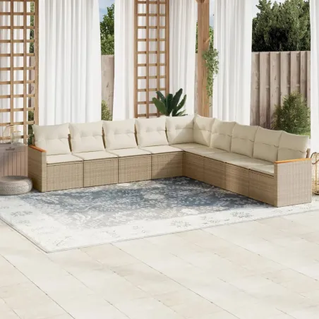 Salon de jardin avec coussins 9 pcs beige résine tressée
