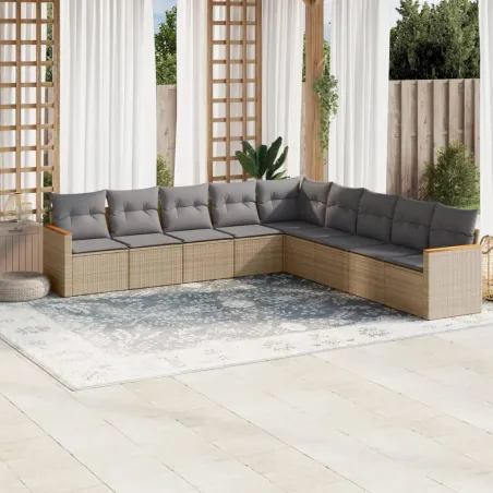 Salon de jardin avec coussins 9 pcs beige résine tressée