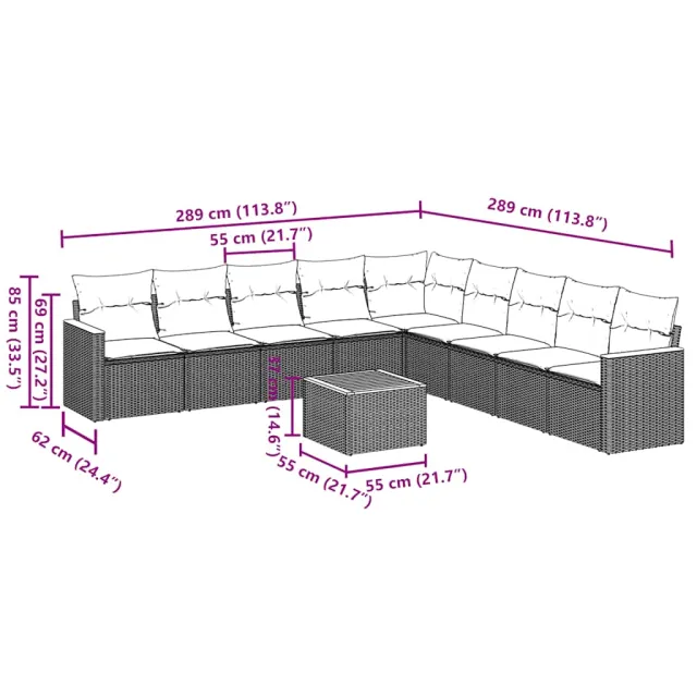 Salon de jardin 10 pcs avec coussins noir résine tressée