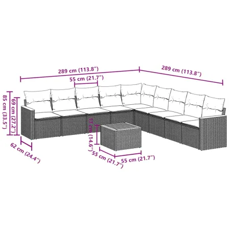 Salon de jardin 10 pcs avec coussins noir résine tressée