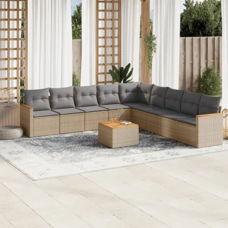 Salon de jardin avec coussins 10 pcs beige résine tressée