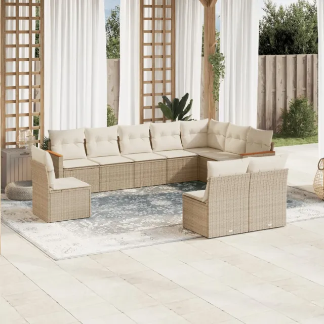 Salon de jardin avec coussins 10 pcs beige résine tressée