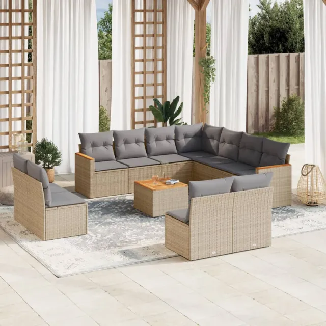 Salon de jardin avec coussins 12 pcs beige résine tressée