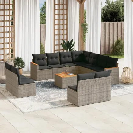 Salon de jardin avec coussins 12 pcs gris résine tressée