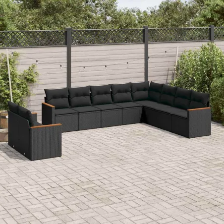 Salon de jardin 10 pcs avec coussins noir résine tressée