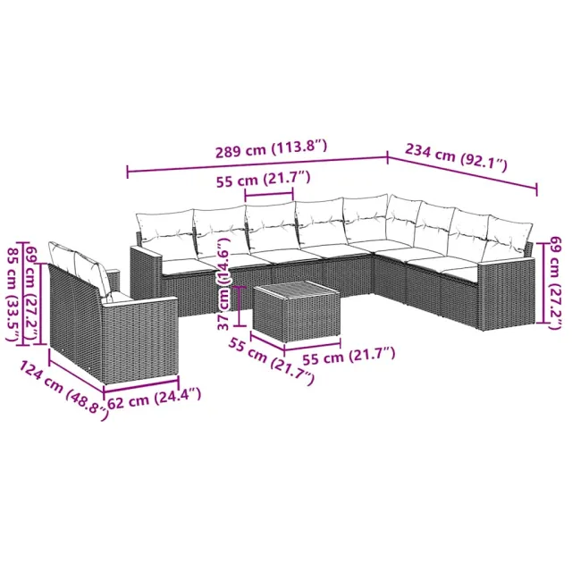 Salon de jardin 11 pcs avec coussins noir résine tressée