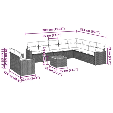 Salon de jardin 11 pcs avec coussins noir résine tressée