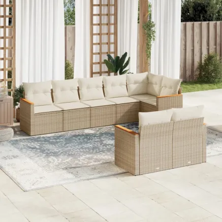 Salon de jardin avec coussins 8 pcs beige résine tressée
