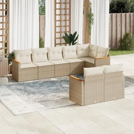 Salon de jardin avec coussins 8 pcs beige résine tressée