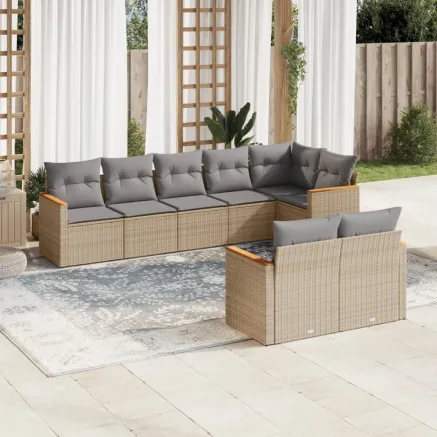 Salon de jardin avec coussins 8 pcs beige résine tressée