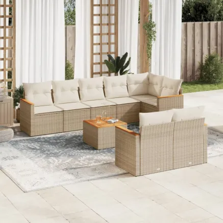Salon de jardin avec coussins 9 pcs beige résine tressée