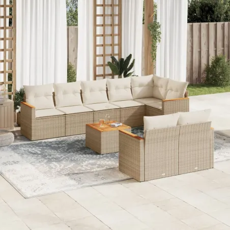 Salon de jardin avec coussins 9 pcs beige résine tressée