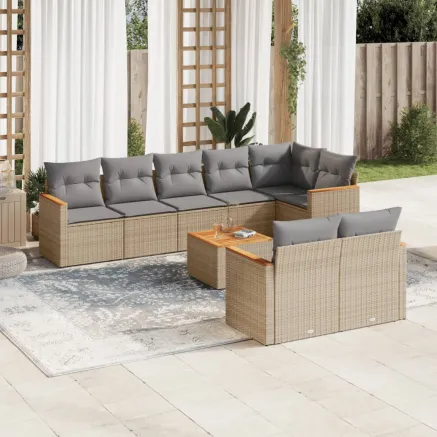 Salon de jardin avec coussins 9 pcs beige résine tressée