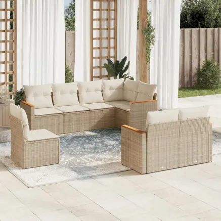 Salon de jardin avec coussins 8 pcs beige résine tressée
