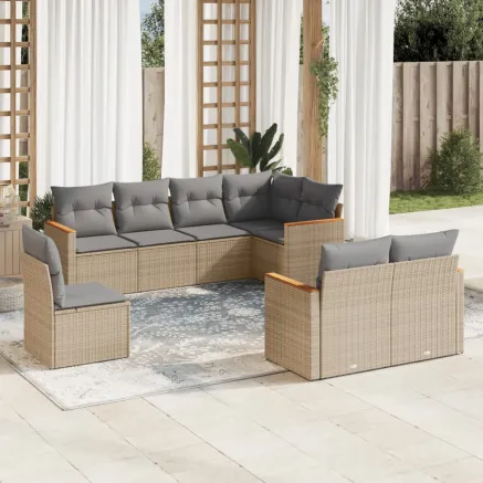 Salon de jardin avec coussins 8 pcs beige résine tressée