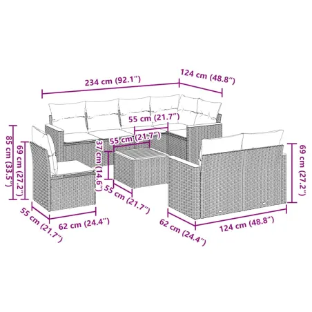 Salon de jardin 9 pcs avec coussins noir résine tressée